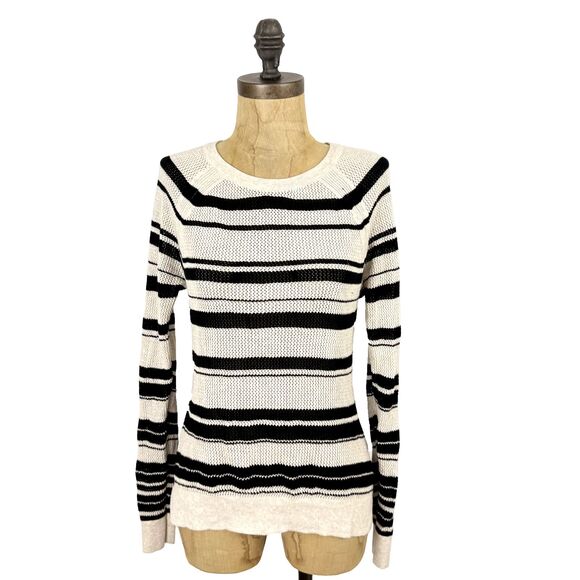 SANCTUARY Rugby Scoop Neck Striped Sweater S Open Knit Black Cream EUC B4 - Picture 1 of 5